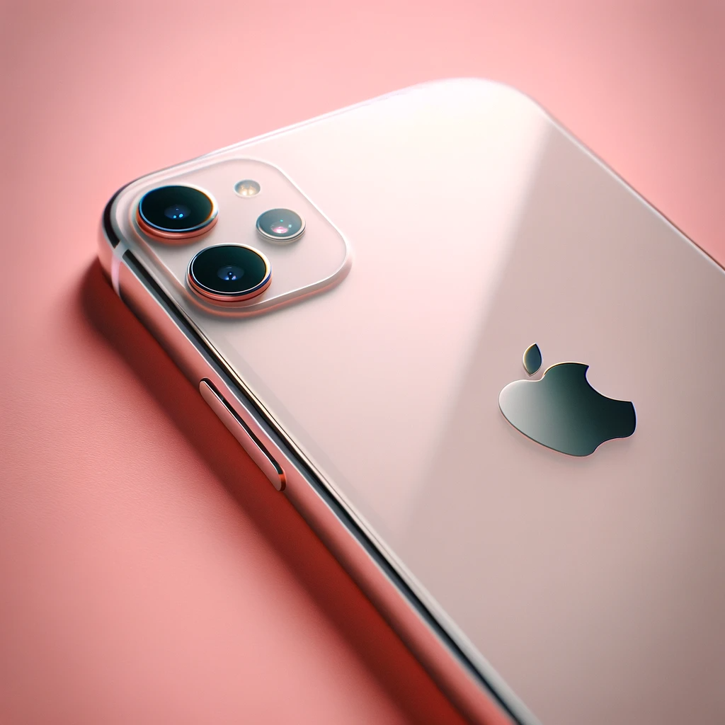 DALL·E 2024-01-29 16.29.34 - A detailed image of an iPhone 11, showcasing its distinctive design with a dual-camera setup on the back, set against a softly blurred pink background