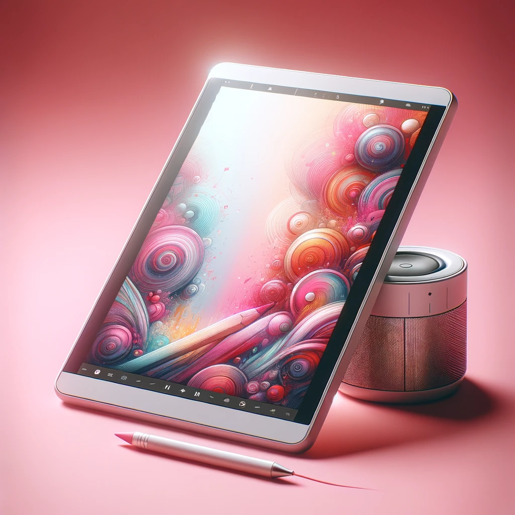 DALL·E 2024-01-29 16.33.46 - A detailed image of another current technology gadget, such as a tablet or a portable speaker, set against the same softly blurred pink background for