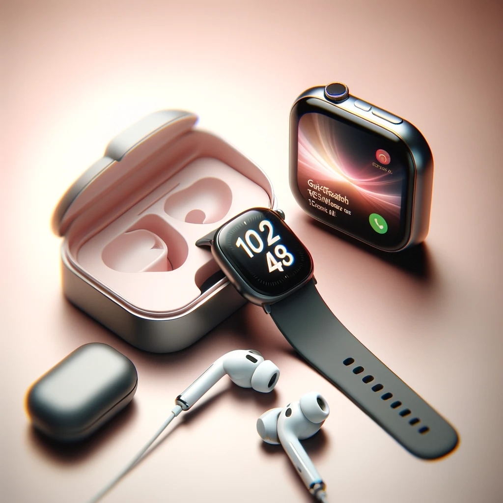 DALL·E 2024-01-29 16.33.50 - A detailed image of a current technology gadget, such as a smartwatch or wireless earbuds, set against the same softly blurred pink background for con